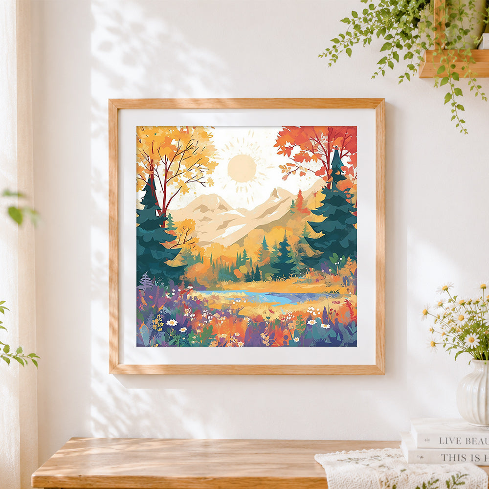Finished autumn forest and mountains cross stitch artwork displayed