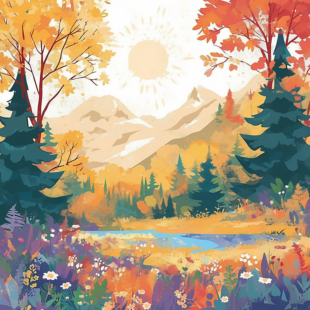 Autumn forest and mountains cross stitch kit for beginners