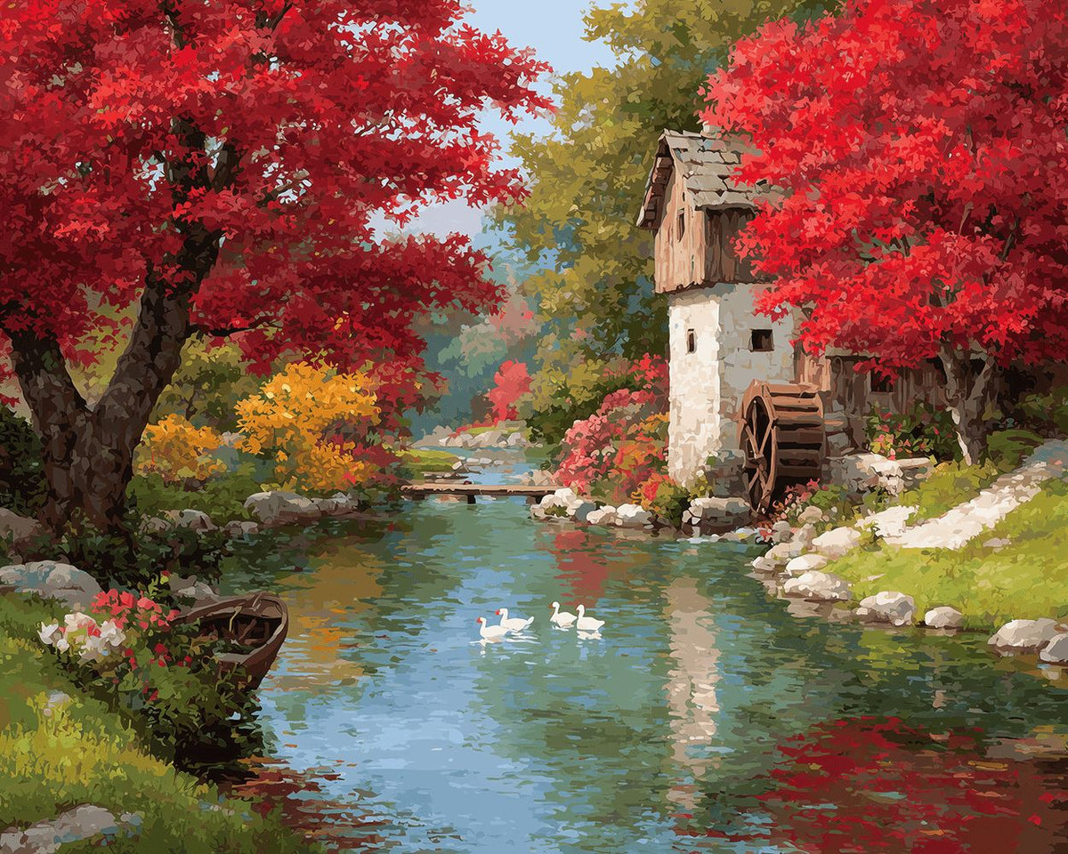 Autumn forest and watermill cross stitch kit for beginners