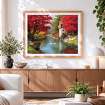 Finished autumn forest and watermill paint by numbers artwork displayed as home decor