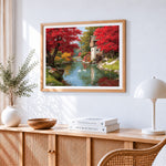 Autumn forest and watermill paint by numbers artwork displayed on wall as home decor