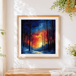 Finished autumn forest glow cross stitch artwork displayed