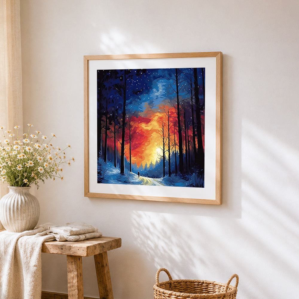 Autumn forest glow cross stitch artwork displayed on wall as home decor