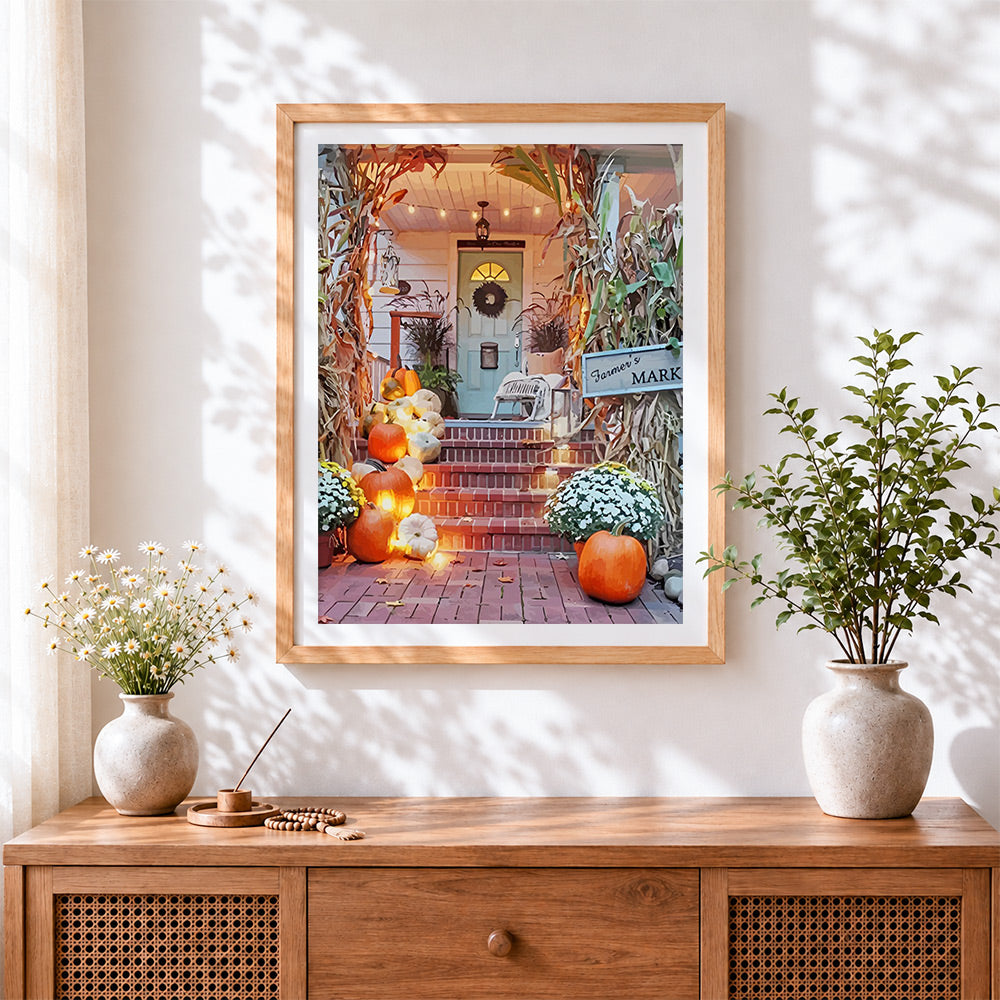 Finished autumn front porch with pumpkins and cornstalks cross stitch artwork displayed