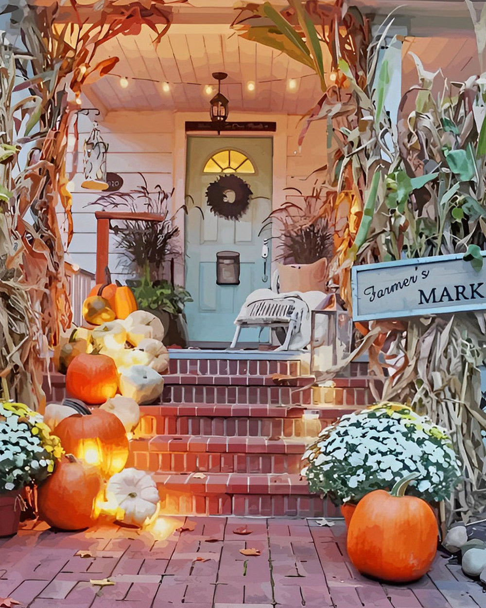 Autumn front porch with pumpkins and cornstalks cross stitch kit for beginners