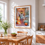 Autumn front porch with pumpkins and cornstalks cross stitch artwork displayed on wall as home decor