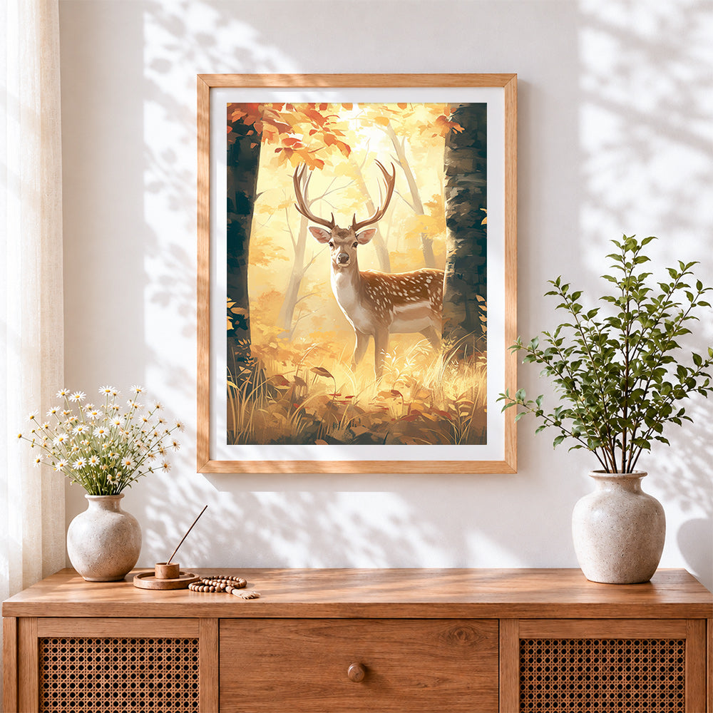 Finished autumn glow deer cross stitch artwork displayed