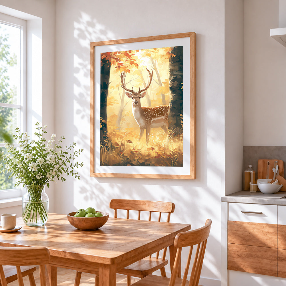 Autumn glow deer cross stitch artwork displayed on wall as home decor