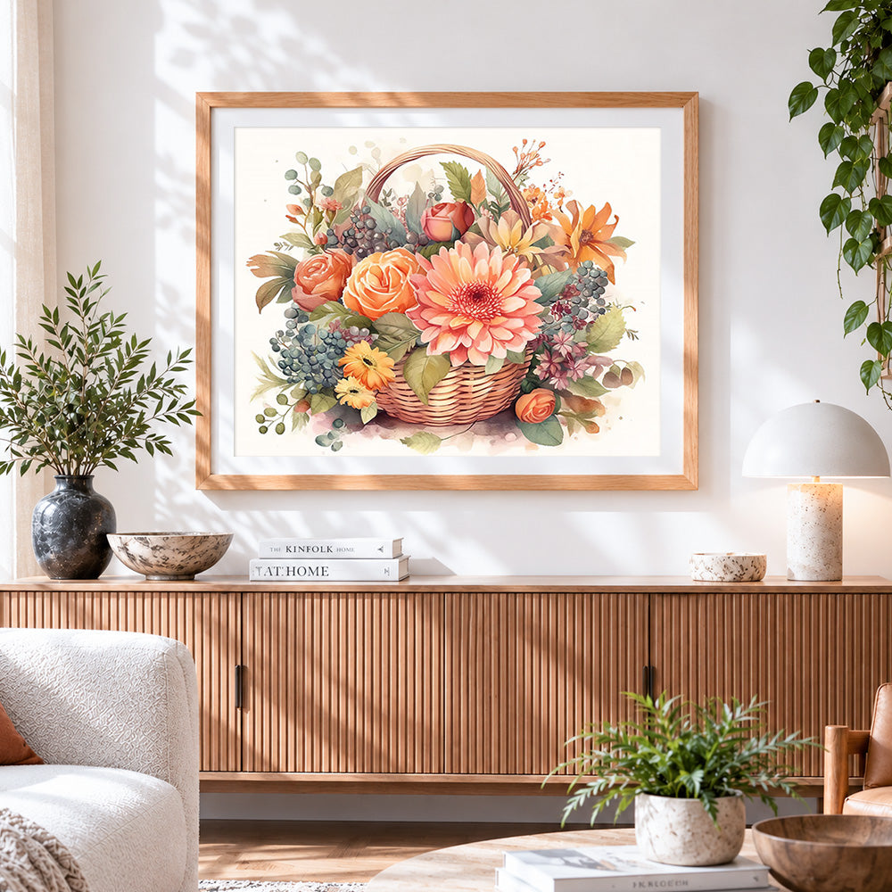 Finished autumn harvest floral basket paint by numbers artwork displayed as home decor