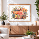 Finished autumn harvest floral basket paint by numbers artwork displayed as home decor