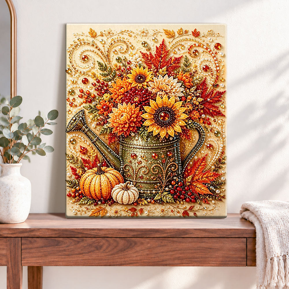 Finished autumn harvest floral vase pearl diamond painting artwork displayed as home decor