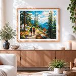 Finished autumn hiking adventure paint by numbers artwork displayed as home decor