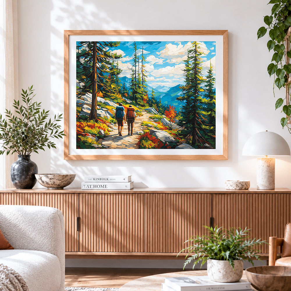 Finished autumn hiking adventure paint by numbers artwork displayed as home decor
