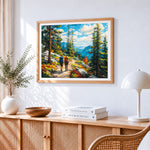 Autumn hiking adventure paint by numbers artwork displayed on wall as home decor