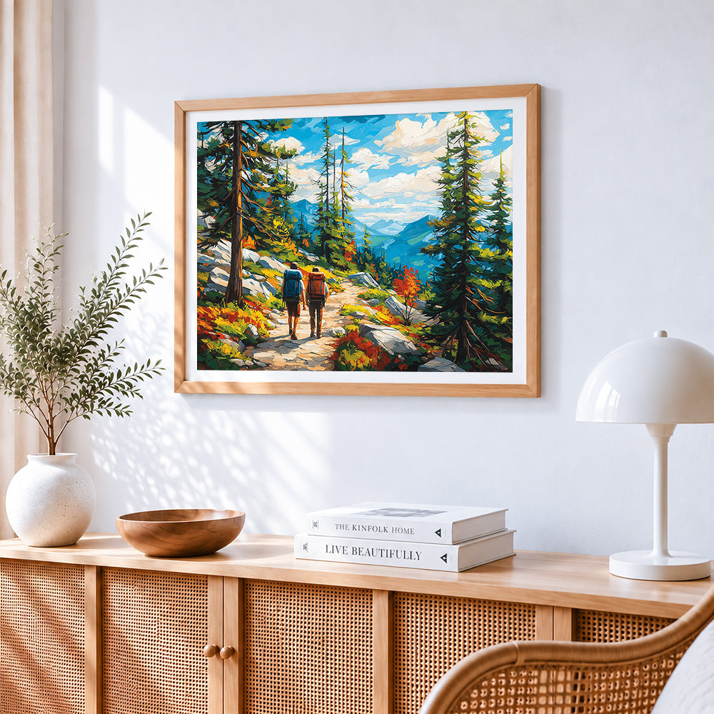 Autumn hiking adventure paint by numbers artwork displayed on wall as home decor