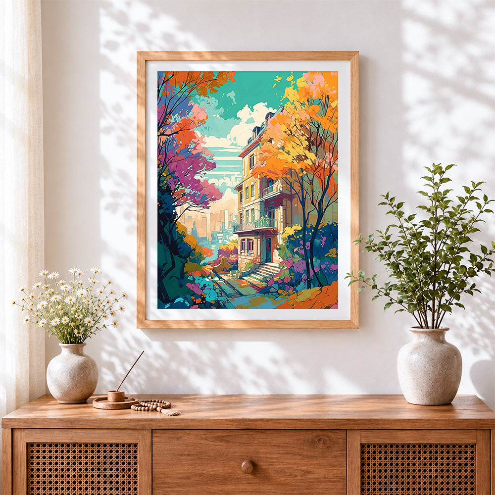 Finished autumn house in the city cross stitch artwork displayed