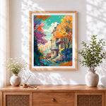 Finished autumn house in the city cross stitch artwork displayed