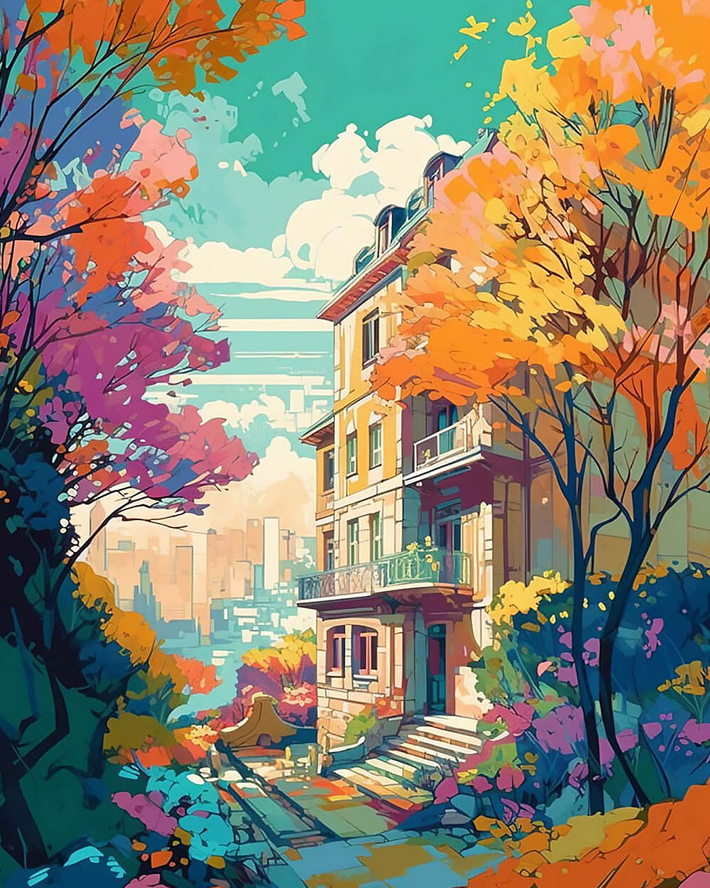 Autumn house in the city cross stitch kit for beginners