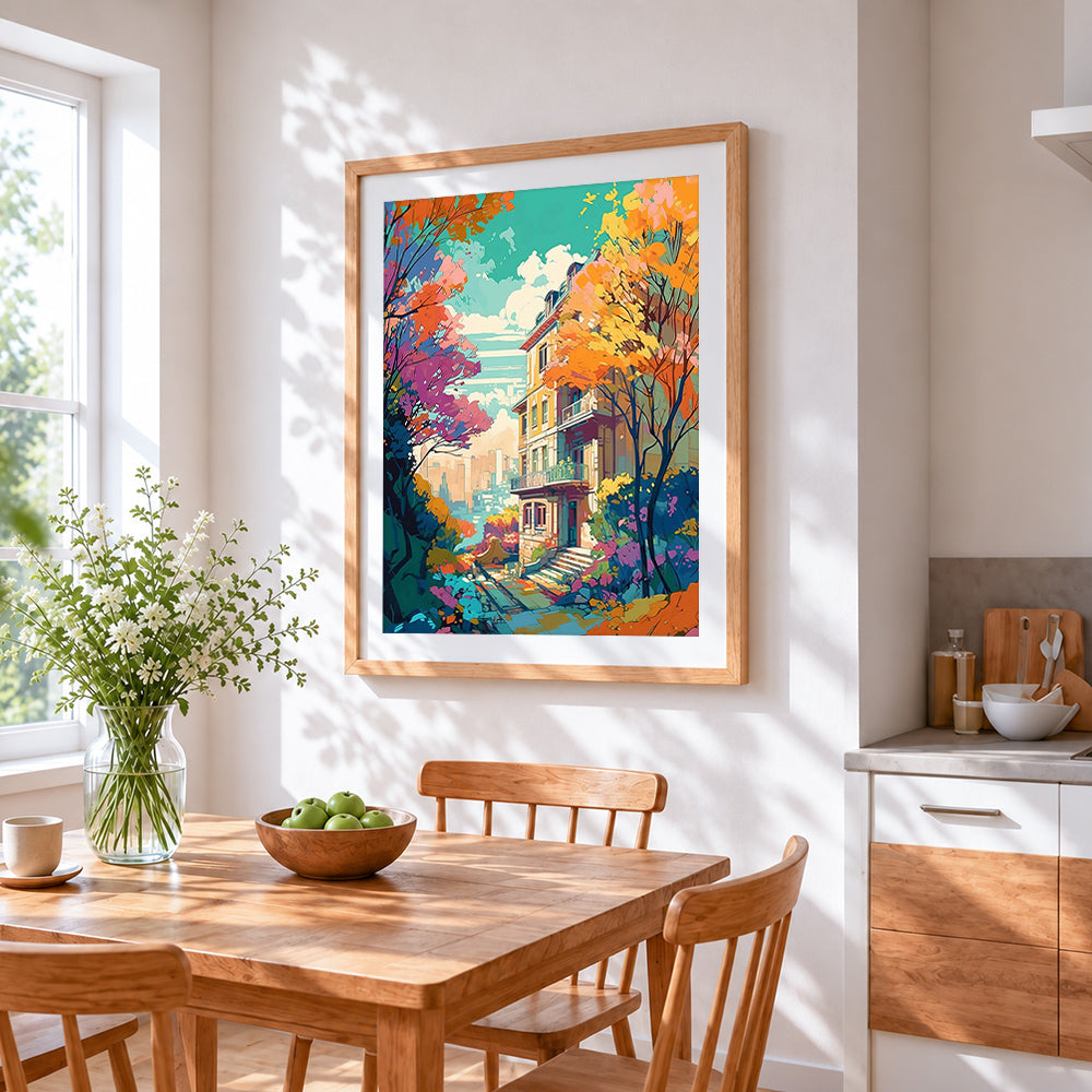 Autumn house in the city cross stitch artwork displayed on wall as home decor