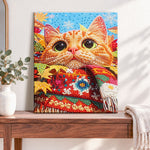 Finished autumn knit kitty pearl diamond painting artwork displayed as home decor