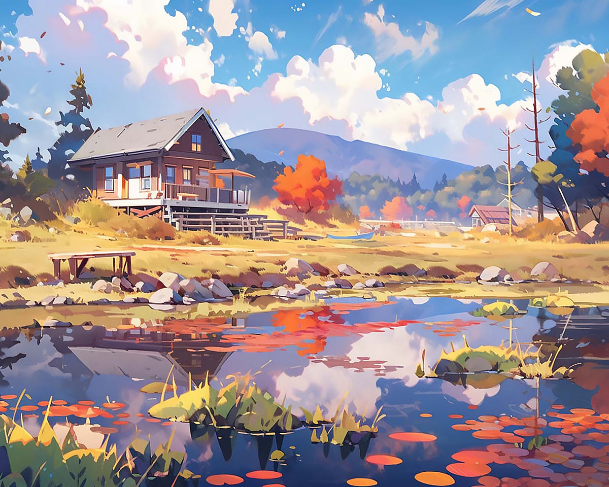 Autumn lake cabin cross stitch kit for beginners