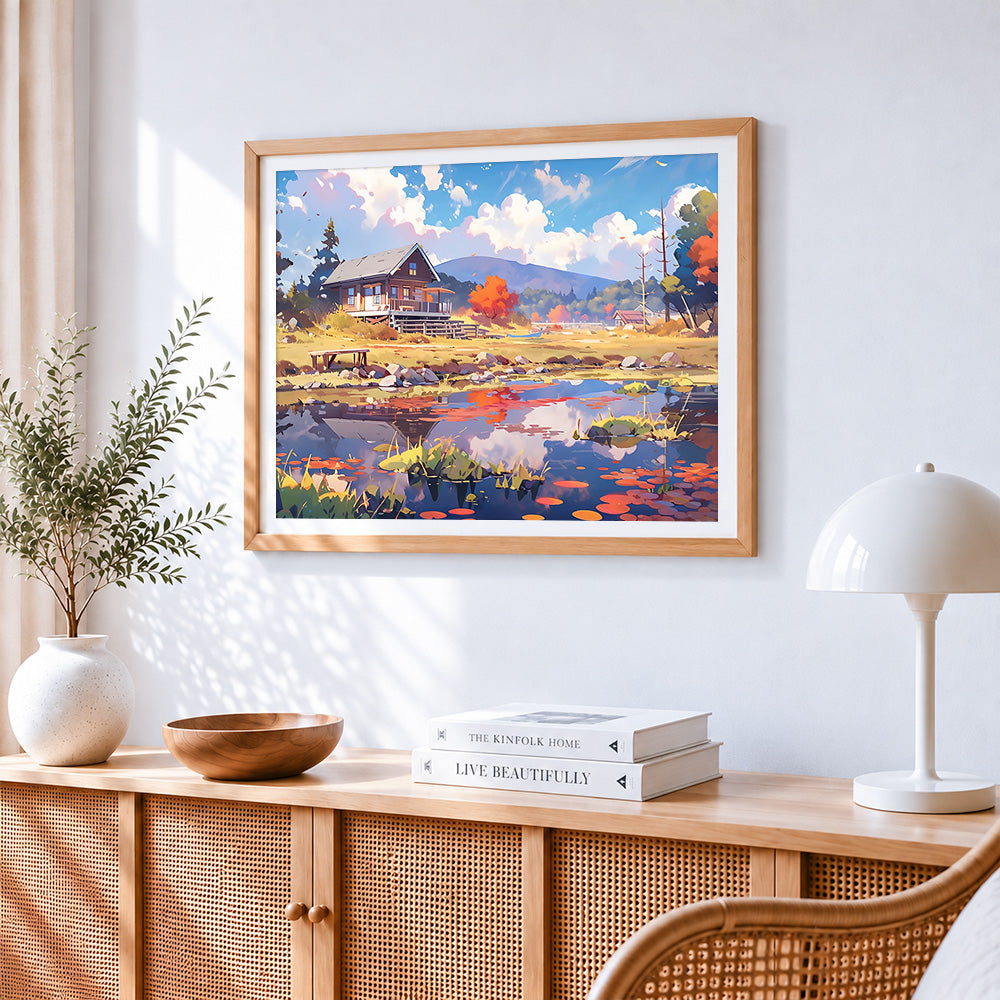 Autumn lake cabin cross stitch artwork displayed on wall as home decor