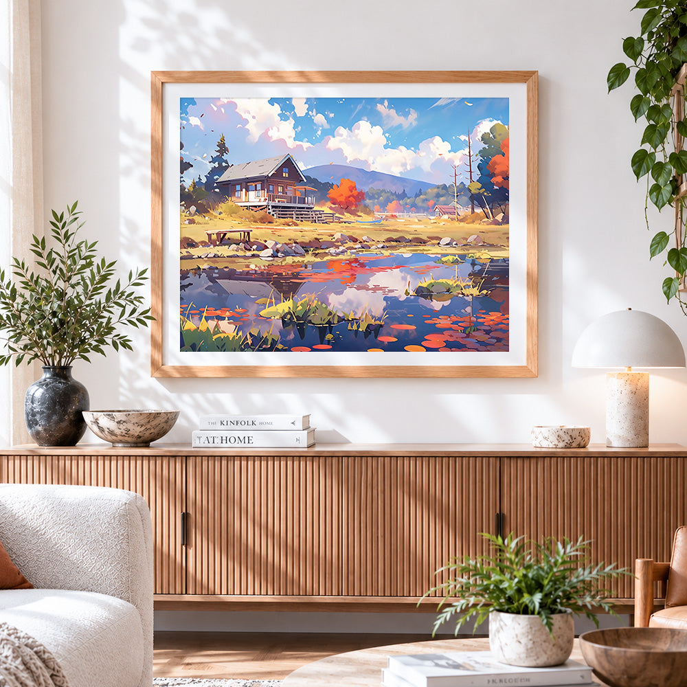 Finished autumn lake cabin paint by numbers artwork displayed as home decor
