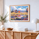 Autumn lake cabin paint by numbers artwork displayed on wall as home decor
