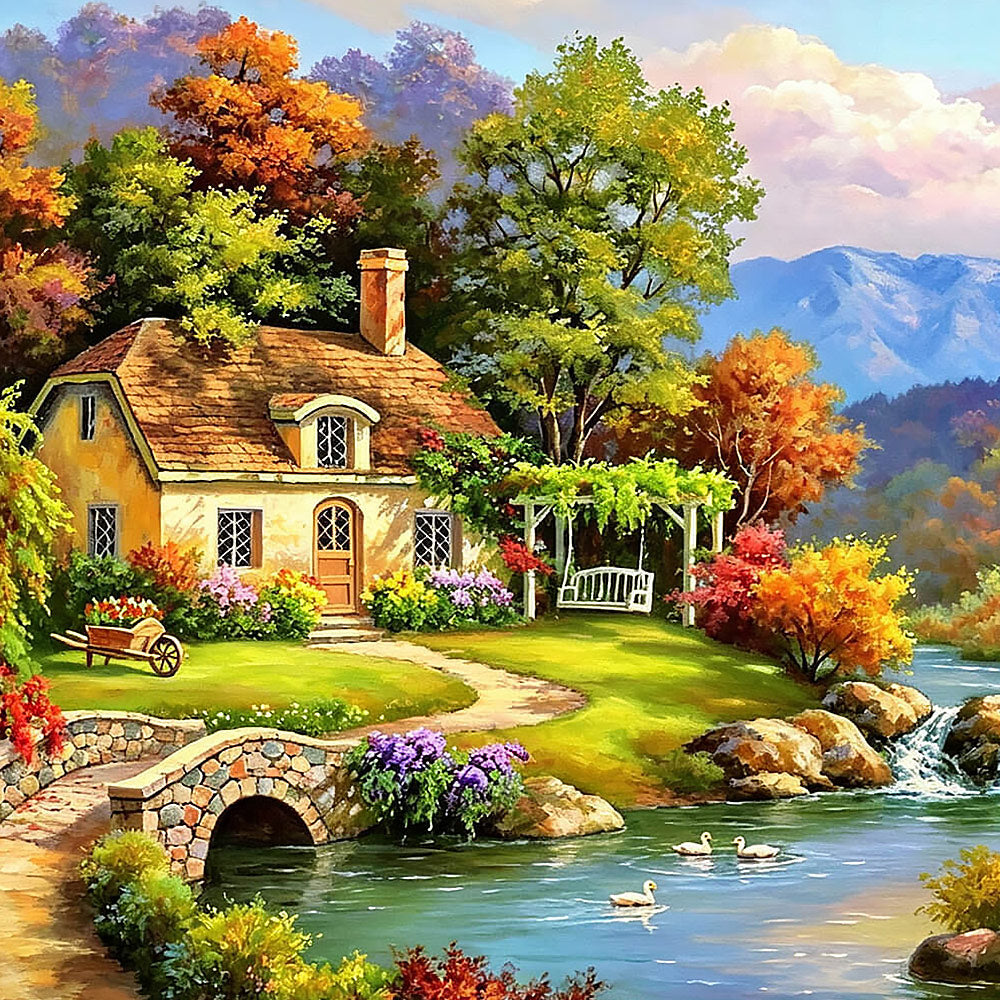 Autumn lake cottage with swans cross stitch kit for beginners