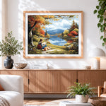 Finished autumn lakeside reading paint by numbers artwork displayed as home decor