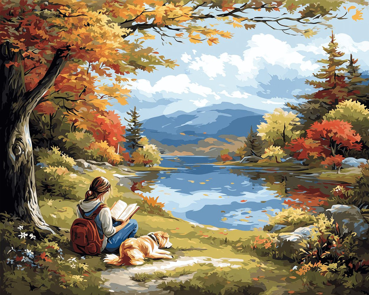 Autumn lakeside reading paint by numbers kit for beginners