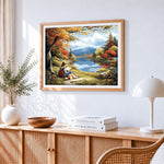 Autumn lakeside reading paint by numbers artwork displayed on wall as home decor