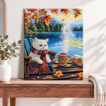 Finished autumn lakeside warmth pearl diamond painting artwork displayed as home decor