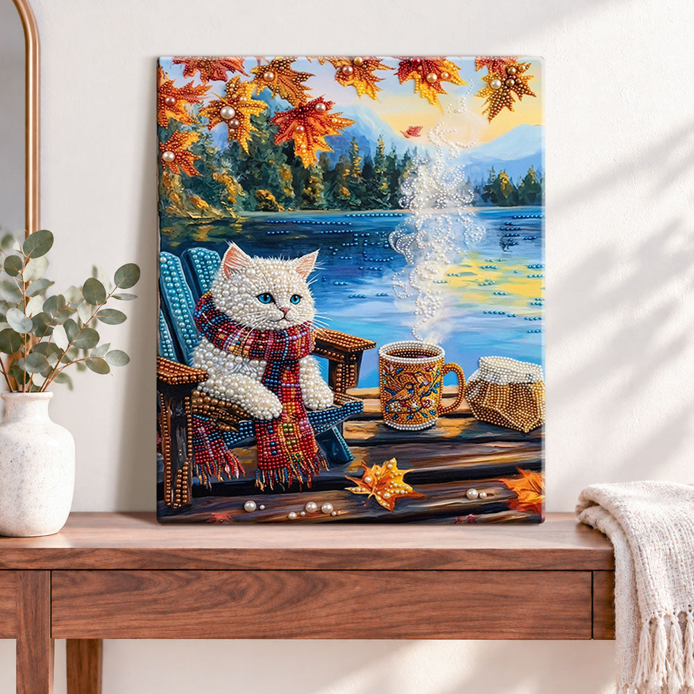 Finished autumn lakeside warmth pearl diamond painting artwork displayed as home decor