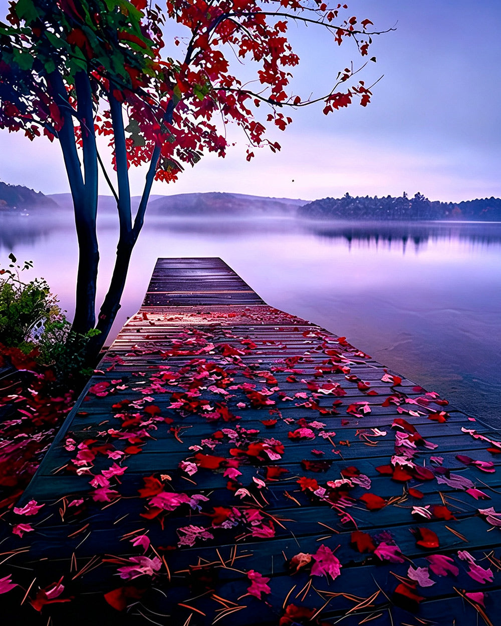 Autumn leaves on a lake pier cross stitch kit for beginners