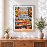 Finished autumn leaves on steps cross stitch artwork displayed