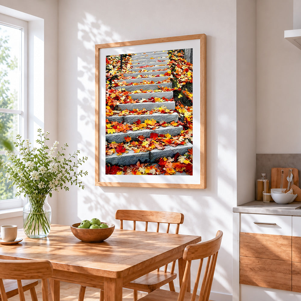Autumn leaves on steps cross stitch artwork displayed on wall as home decor