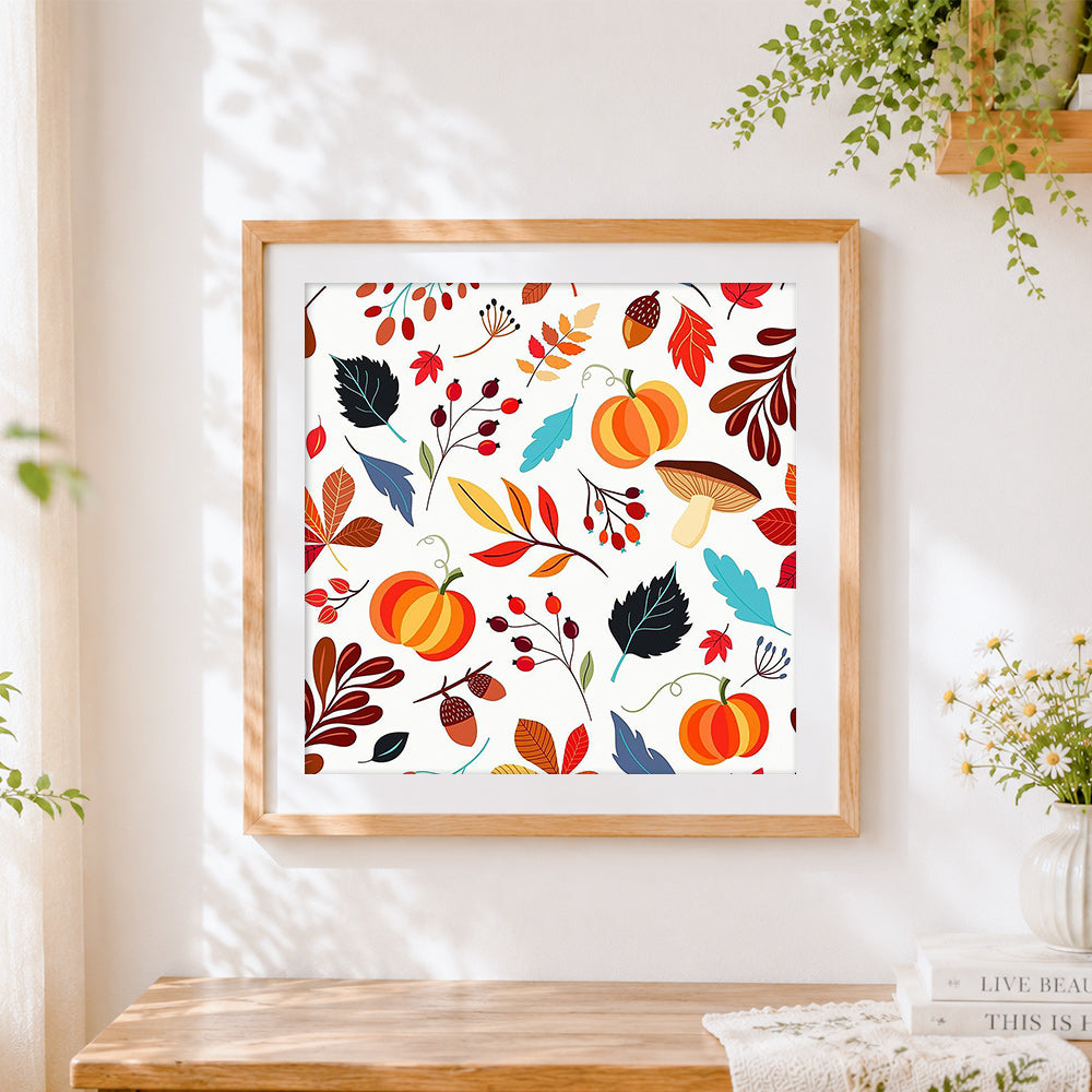Finished autumn leaves pumpkins and berries pattern cross stitch artwork displayed