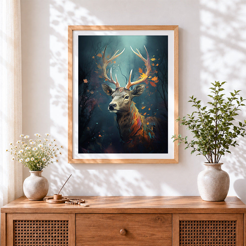 Finished autumn leaves stag cross stitch artwork displayed