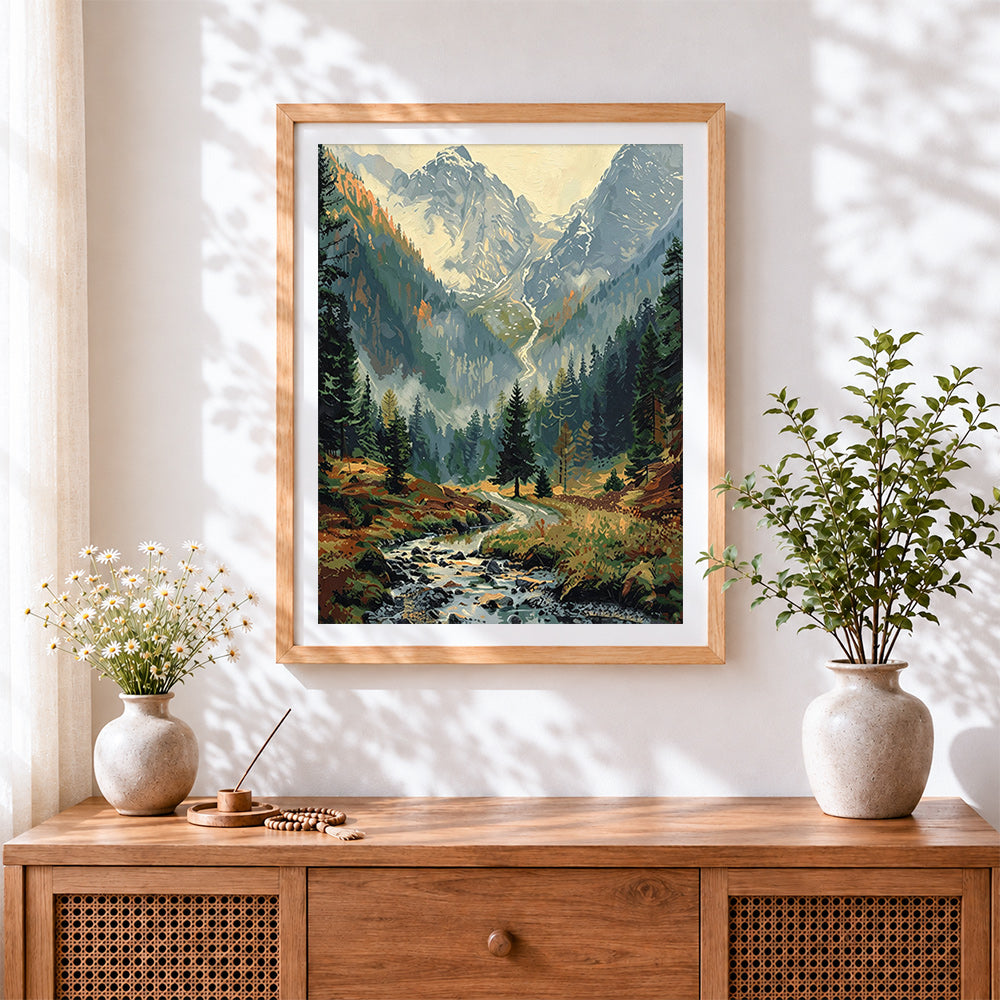 Finished autumn mountain landscape with river cross stitch artwork displayed