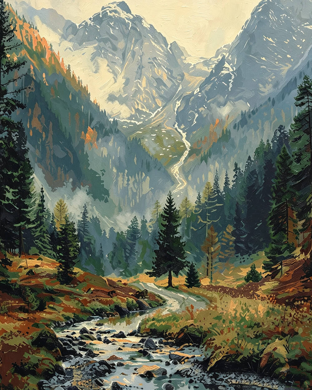 Autumn mountain landscape with river cross stitch kit for beginners