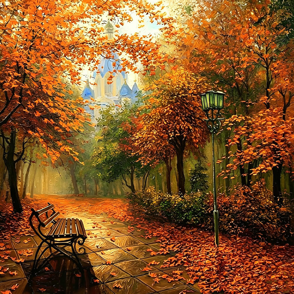 Autumn park bench and castle cross stitch kit for beginners