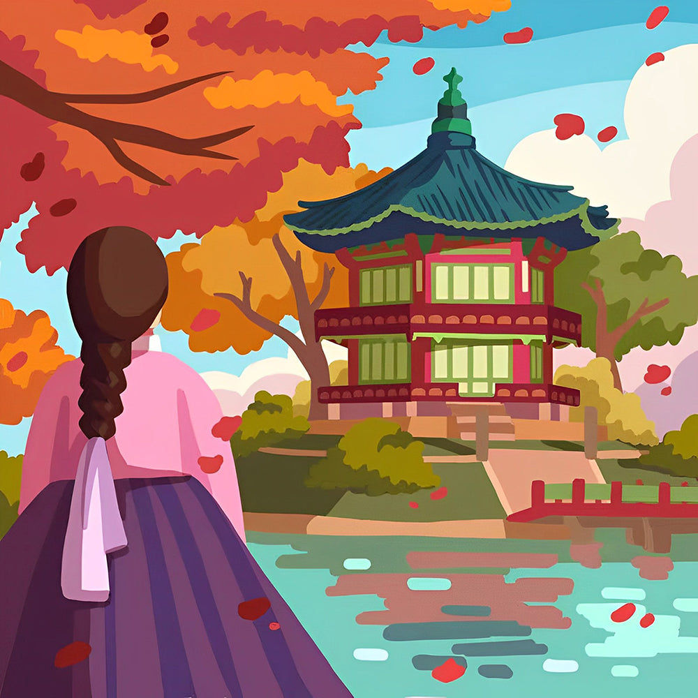 Autumn pavilion and woman in hanbok cross stitch kit for beginners