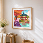 Autumn pavilion and woman in hanbok cross stitch artwork displayed on wall as home decor