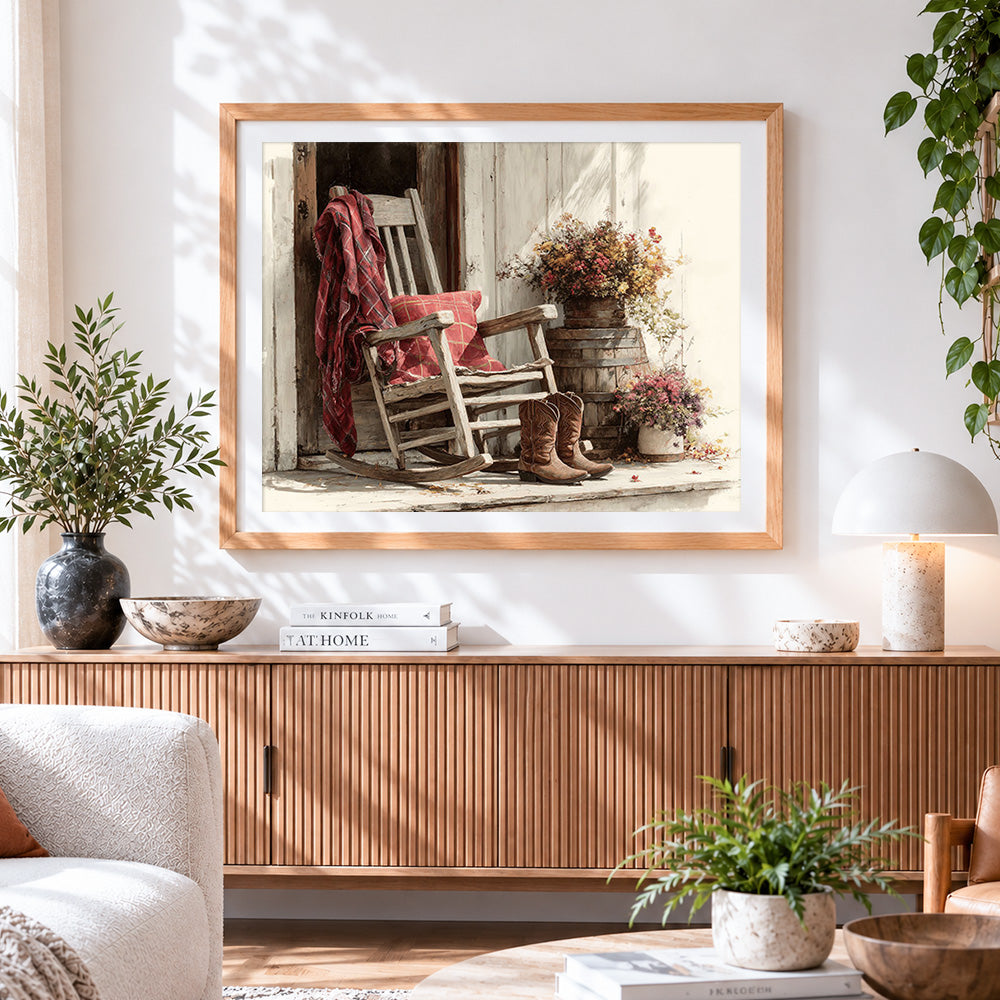 Finished autumn porch and rocking chair paint by numbers artwork displayed as home decor