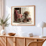 Autumn porch and rocking chair paint by numbers artwork displayed on wall as home decor