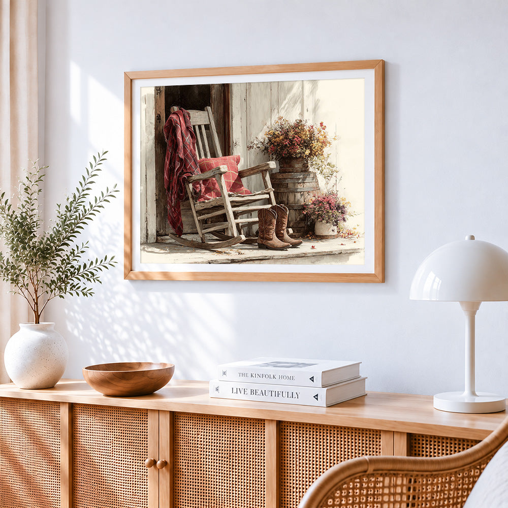 Autumn porch and rocking chair paint by numbers artwork displayed on wall as home decor