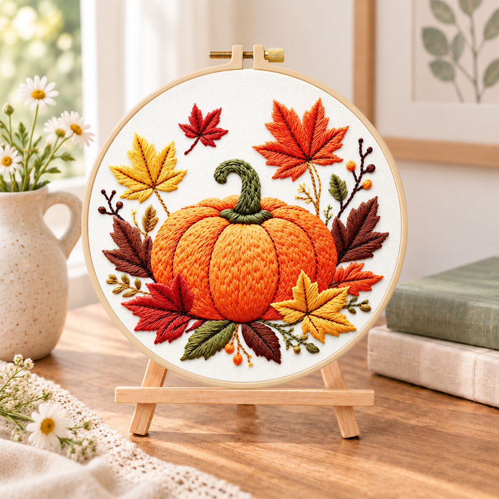 Autumn pumpkin and maple leaves embroidery kit finished hoop displayed on a wooden stand as cosy tabletop decor