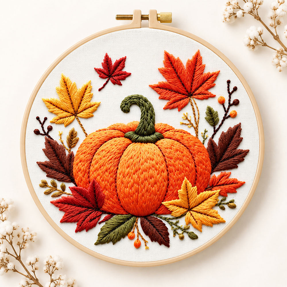 Autumn pumpkin and maple leaves embroidery kit