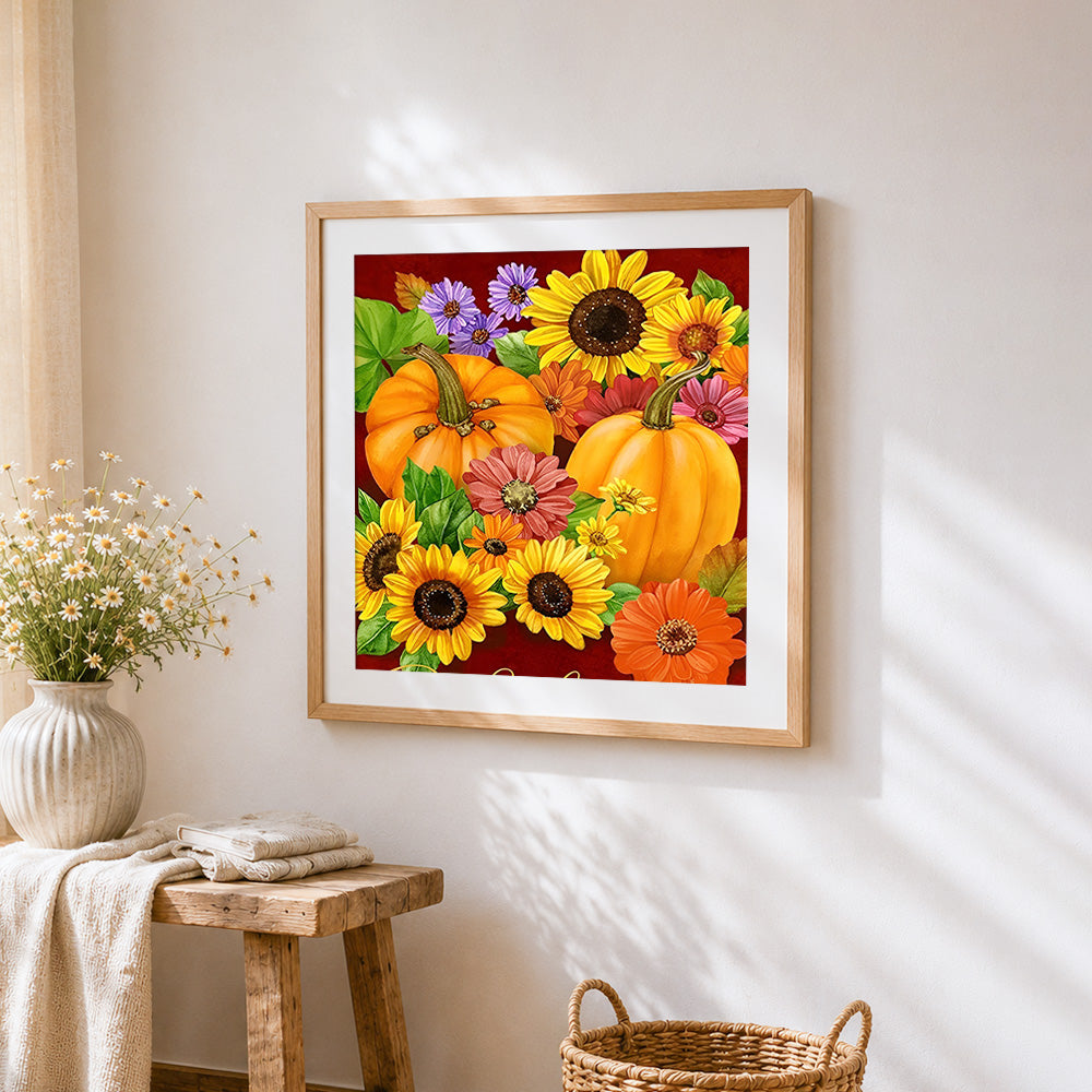 Autumn pumpkins and sunflowers pattern cross stitch artwork displayed on wall as home decor